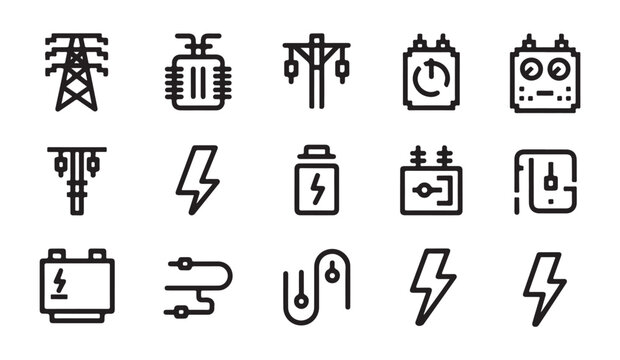 Set of fifteen electricity and power utility transmission grid line icons in flat design.
