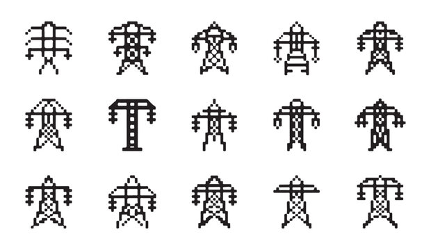 Pixel art style collection of various electrical transmission towers and high voltage pylons.