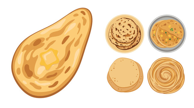 Collection of Indian bread butter naan bread, tandoori roti, aloo paratha stuffed, chapati whole wheat, laccha paratha layered.
