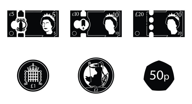 British currency silhouettes pound notes and coins black on white