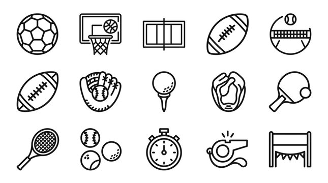 Diverse sports icons set: soccer, basketball, tennis, football, golf, baseball, ping pong, stopwatch, whistle, goal