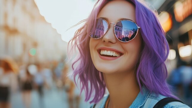 Young woman with vibrant purple hair and stylish sunglasses smiles joyfully in a bustling urban street, capturing the essence of summer and carefree living in a lively atmosphere