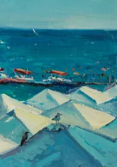 Seagull beach umbrellas oil painting. Authentic artistic background. A hand-painted painting. Modern art of painting. The concept of beach holidays, summer vacations and days off. Layout for postcards © Anna Pismenskova