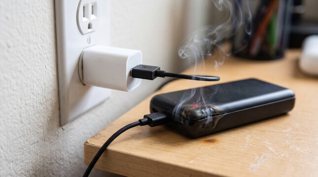 Close-up of a smoking black power bank plugged into a white wall charger, battery overheating, fire hazard, lithium battery failure, electronic safety, charging risk, electrical danger