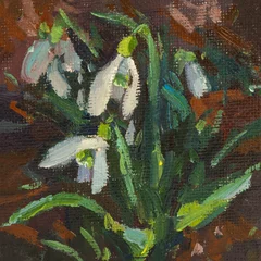 Snowdrops painting art. Beautiful illustration of blooming flowers in the forest. The first spring flowers. Handmade with oil paints. Artwork, painting. Layout for postcards, posters, notebooks. © Anna Pismenskova