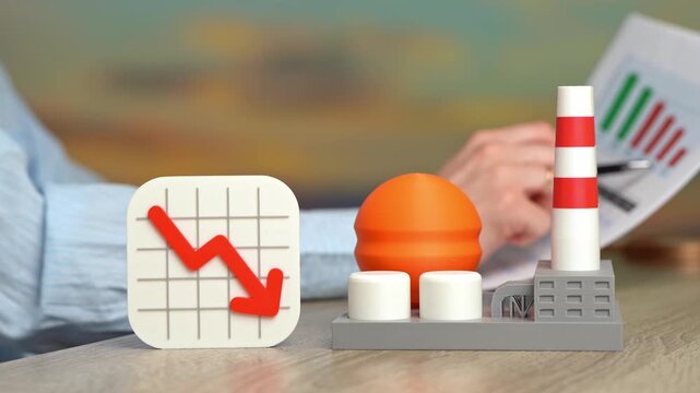 Decline in industrial production. An industrial plant and a sign of falling profits and revenues. A deteriorating economic situation and crisis threat. Business downturn and financial instability