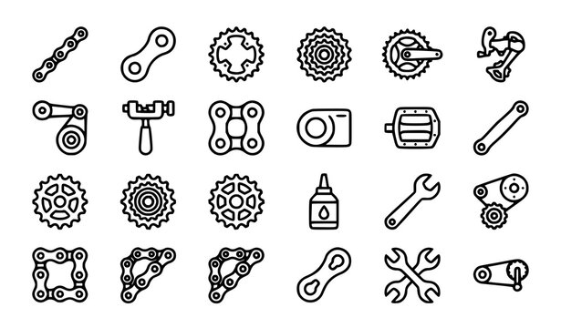Bicycle Chain Line Icon Set with Drivetrain Gear and Cycling Maintenance Symbols