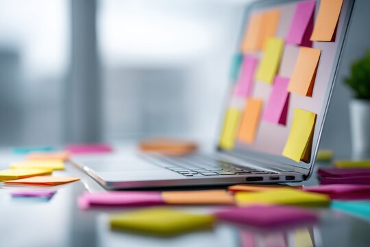 Laptop computer covered in colorful sticky reminder notes. Office desk with disorganized colorful adhesive labels for task management and project planning. Creative work organization concept.