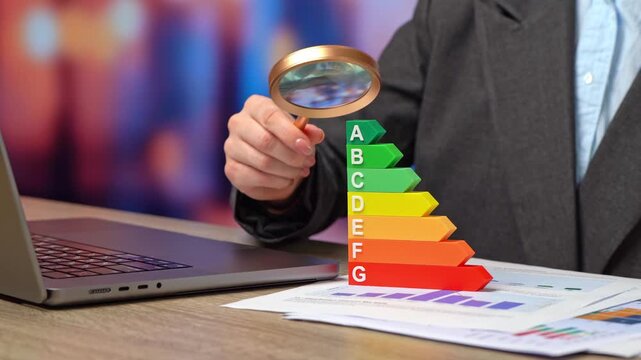 A businesswoman studies energy efficiency. Autonomy, self-sufficiency, and the impact of business on the environment.