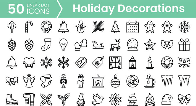 Holiday Christmas winter decoration vector line icons set featuring snowflake ornament tree bell snowman gingerbread man sock star