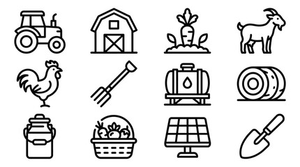 Farm Icons: Tractor, Barn, Goat, Rooster, Hay Bale, Carrot, Pitchfork, Solar Panel © Sugar