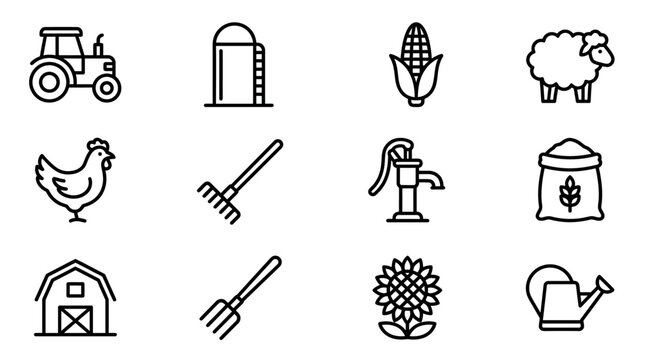 Farming Icons Set: Tractor, Barn, Sheep, Chicken, Corn, Silo, Rake, Sunflower