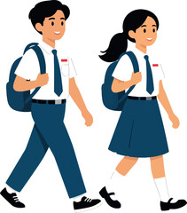 Obraz premium Primary School Students walking to class with backpacks, vector illustration of young Primary School students in uniform heading to School