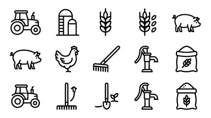Farm icons: tractor, silo, wheat, pig, chicken, rake, pump, sack, shovel © Sugar