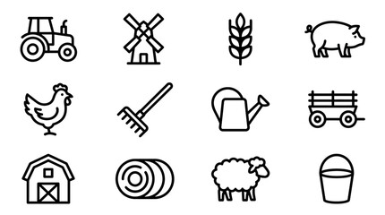 Farm Icons Set: Tractor, Pig, Chicken, Sheep, Barn, Mill, Rake, Wheat, Hay, Bucket, Cart © Sugar