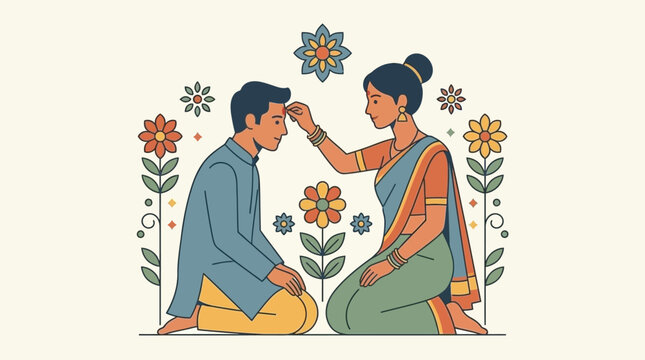 Indian sister applying a traditional tilak to her brother during Bhai Dooj festival