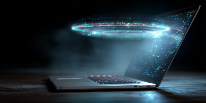  Laptop projects floating glyph ring and rotating code based on eye tracking.
