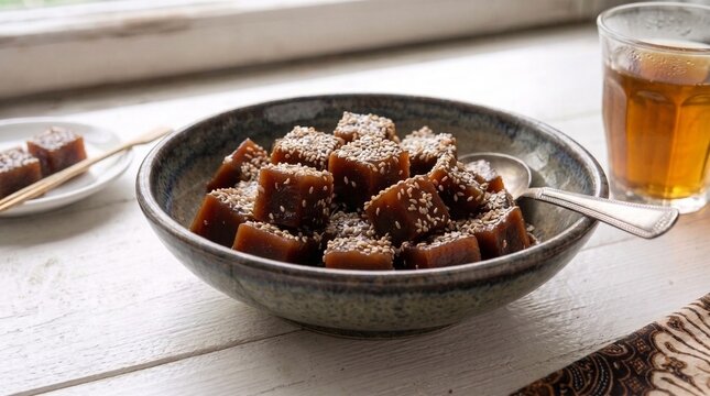 Traditional Indonesian dodol or wajik sweet sticky rice cake cubes topped with sesame seeds served in a ceramic bowl with a glass of hot tea on a white table.