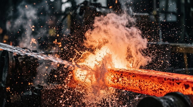 Water jet cooling red hot steel billet with dramatic steam and sparks in a metallurgical plant