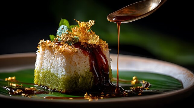 Luxury Buko Pandan Cake plated with pandan sauce drizzle and gold leaf accents