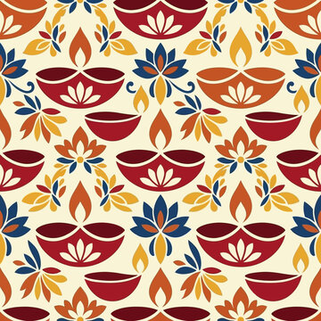 Seamless pattern with traditional Indian Diwali diya lamps and lotus flowers