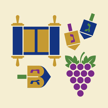 Vector illustration of traditional Jewish symbols including Torah scroll dreidels and grapes