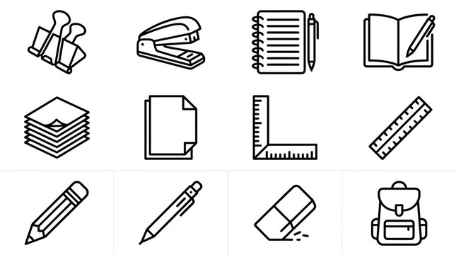 Office & School Supplies Icons: Binder Clips, Stapler, Notebook, Book, Paper Stack, Ruler, Pencil, Eraser, Backpack