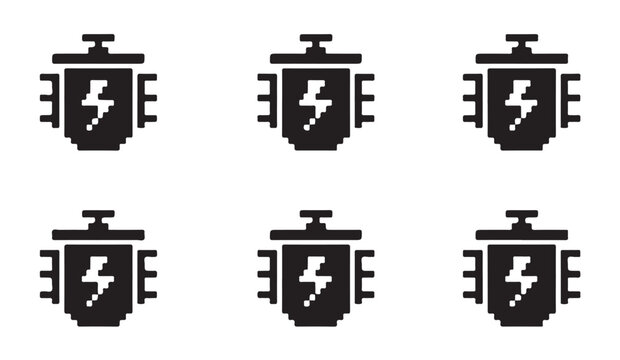 Set of electrical transformer icons with lightning signs in pixel art style for web apps.