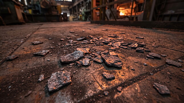 Scattered pieces of cooled metal slag on a heavy industrial factory floor with a glowing furnace in the background