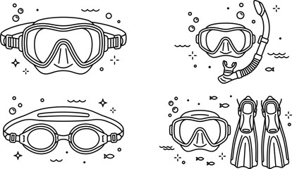 Scuba diving and snorkeling line icon set with underwater mask goggles snorkel tube swim flippers and bubbles vector © MdShakib