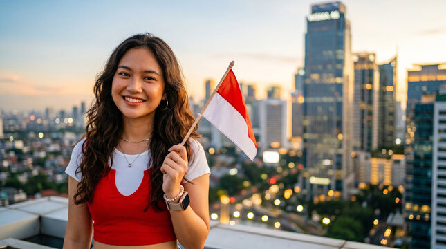 Smiling Indonesian Woman Holding Red and White Flag with Cityscape Background