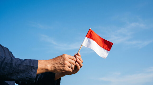 Hand holding Indonesian flag against blue sky, patriotism, freedom, celebration