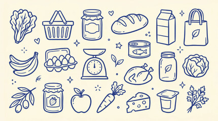 Hand drawn grocery icons set, blue line art food illustrations, organic market products and healthy ingredients vector collection for branding © Muhammad