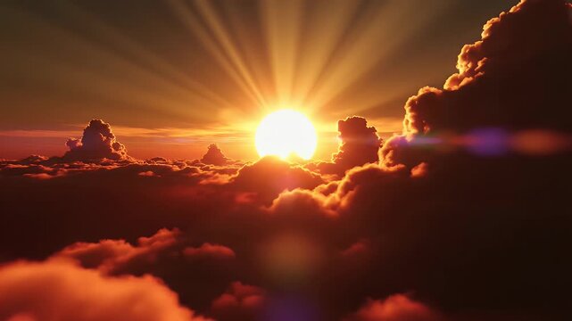 Radiant sunbeams pierce through fiery orange clouds at sunset