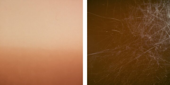 A diptych composition featuring a soft terracotta gradient on the left and a scratched film texture on the right