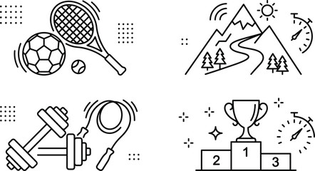 Sports and fitness line icon set with soccer ball tennis racket mountain dumbbells jump rope trophy winner podium © MdShakib