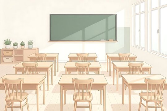 Modern empty classroom interior with large windows for virtual zoom background and school web banner