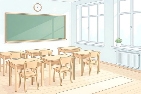 Modern empty classroom interior with large windows for virtual zoom background and school web banner