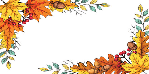 Colorful autumn leaves and acorns border frame with fall foliage and berries © vintage style