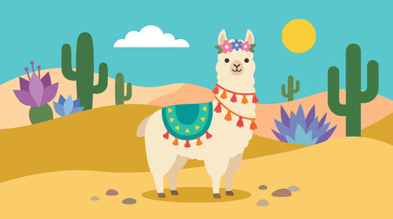Fototapeta premium A cartoon llama in desert landscape.