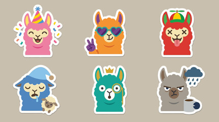 Colorful llama stickers in various fun poses and outfits. © Abhinaya Project