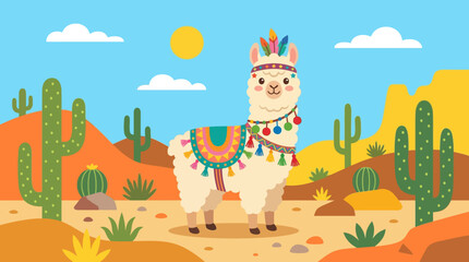 Fototapeta premium A colorful llama in desert landscape.
