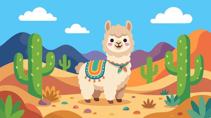 Fototapeta premium A cartoon llama in a desert landscape.