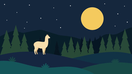 Fototapeta premium Alpaca standing on a hill under stars.
