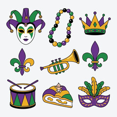 Colorful Mardi Gras celebration icons set featuring traditional festive party elements © raja