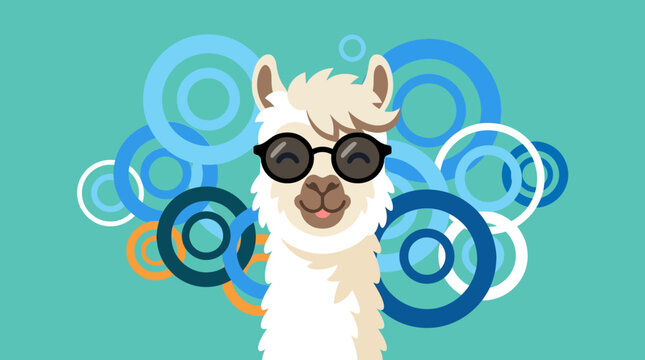 A cartoon llama wearing sunglasses and colorful circles.