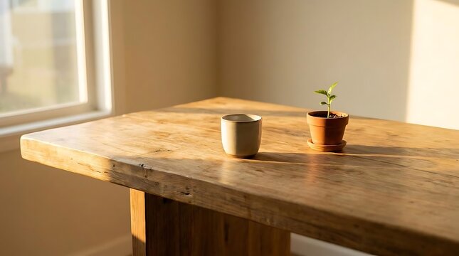 Warm sunlight illuminates wooden table with small plant and cup