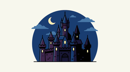 Enchanted dark castle with glowing windows under a night sky © raja