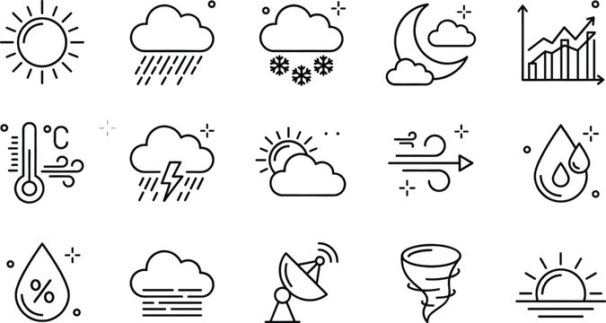 Weather forecast line icon set with sun rain snow thermometer wind tornado humidity clouds and meteorology prediction symbols