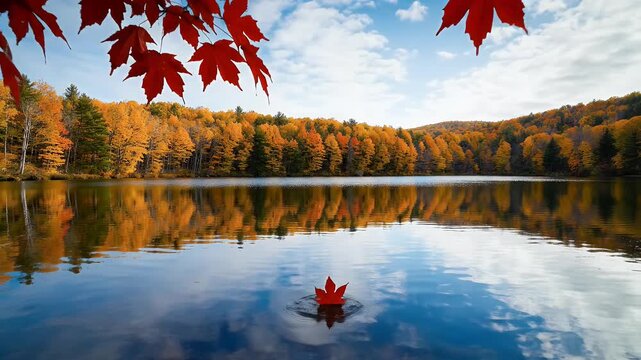 Red maple leaves frame a serene lake reflecting autumnal forest colors